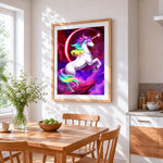 Magical rainbow unicorn in space paint by numbers artwork displayed on wall as home decor