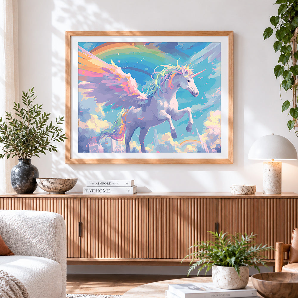 Finished magical rainbow winged unicorn cross stitch artwork displayed