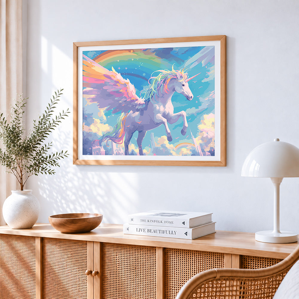 Magical rainbow winged unicorn cross stitch artwork displayed on wall as home decor