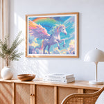 Magical rainbow winged unicorn paint by numbers artwork displayed on wall as home decor