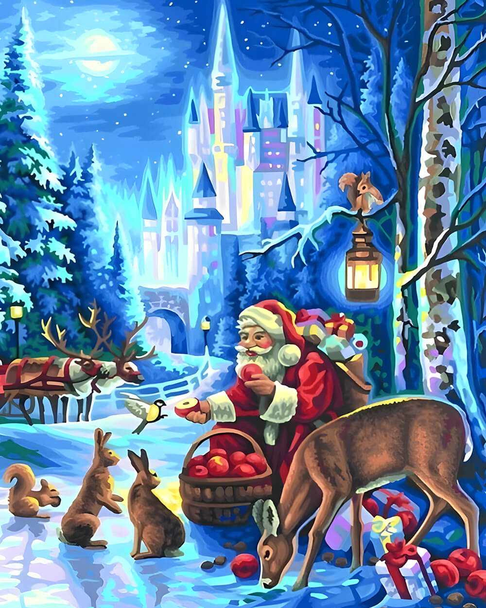 Magical santa feeding woodland animals cross stitch kit for beginners