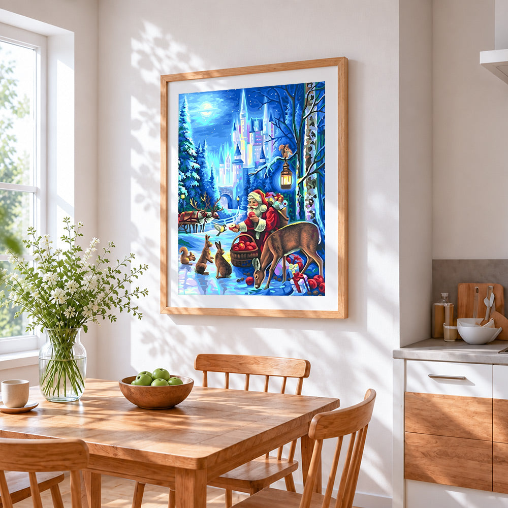 Magical santa feeding woodland animals cross stitch artwork displayed on wall as home decor