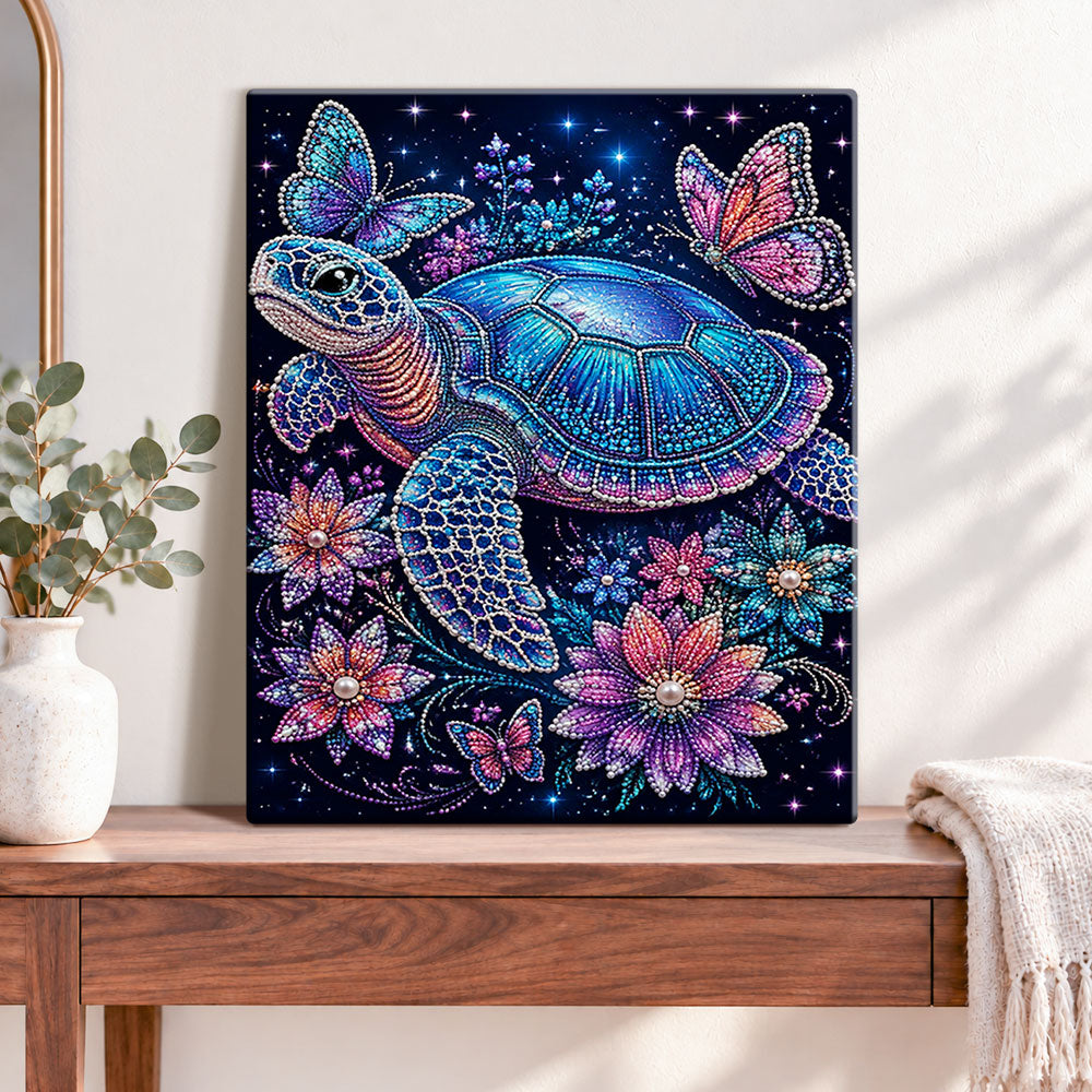 Finished magical sea turtle with butterflies pearl diamond painting artwork displayed as home decor