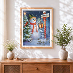 Finished magical snowman with lantern cross stitch artwork displayed