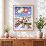 Finished magical snowy christmas village with fireworks cross stitch artwork displayed