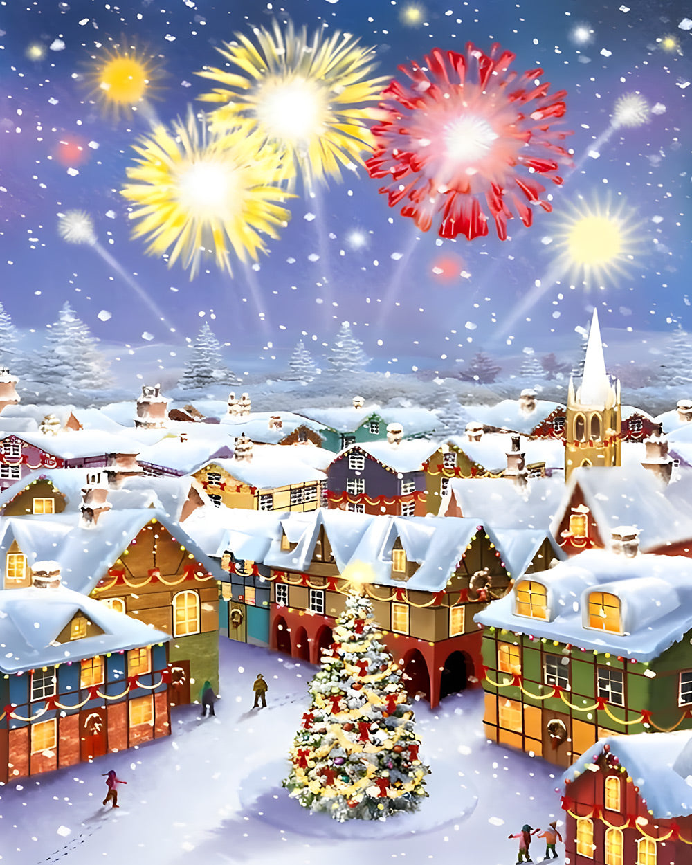 Magical snowy christmas village with fireworks cross stitch kit for beginners