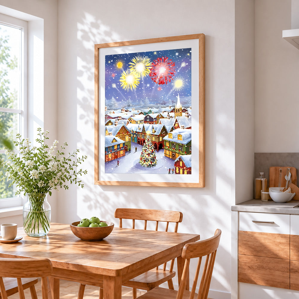 Magical snowy christmas village with fireworks cross stitch artwork displayed on wall as home decor
