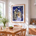 Magical snowy house and glowing christmas tree cross stitch artwork displayed on wall as home decor