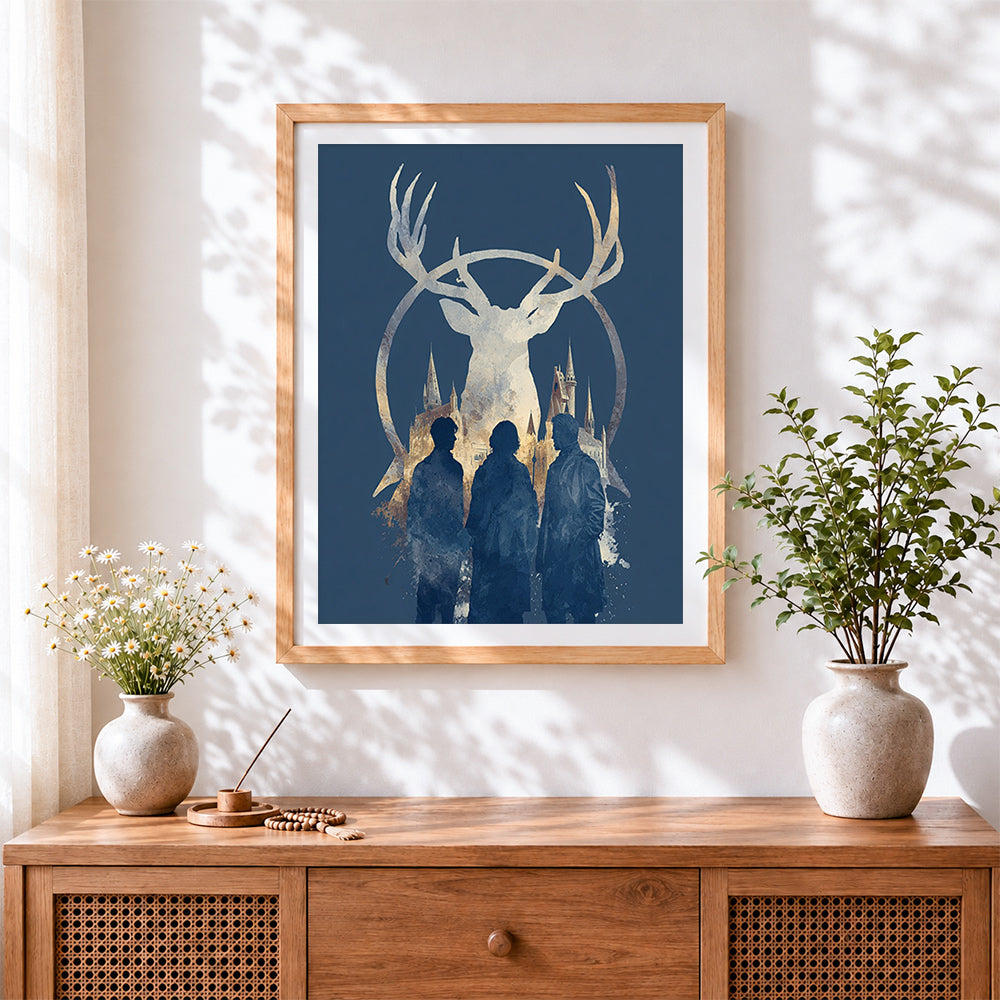 Finished magical stag and castle silhouette cross stitch artwork displayed