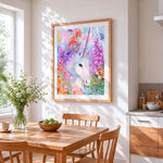 Magical unicorn surrounded by flowers paint by numbers artwork displayed on wall as home decor