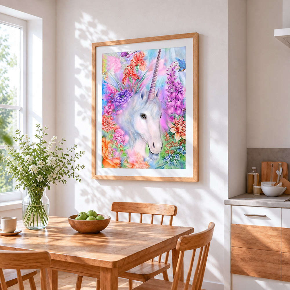 Magical unicorn surrounded by flowers paint by numbers artwork displayed on wall as home decor
