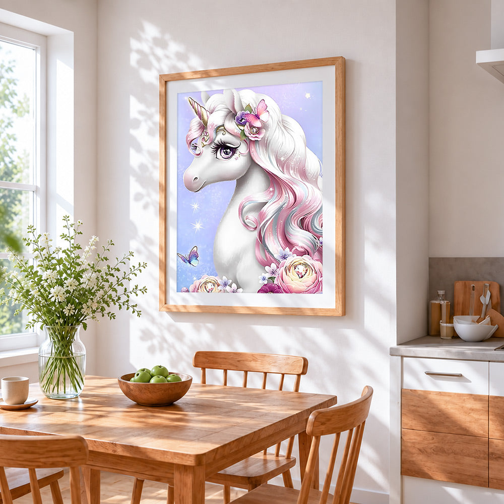 Magical unicorn with roses cross stitch artwork displayed on wall as home decor