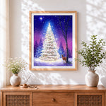 Finished magical white christmas tree and reindeer cross stitch artwork displayed