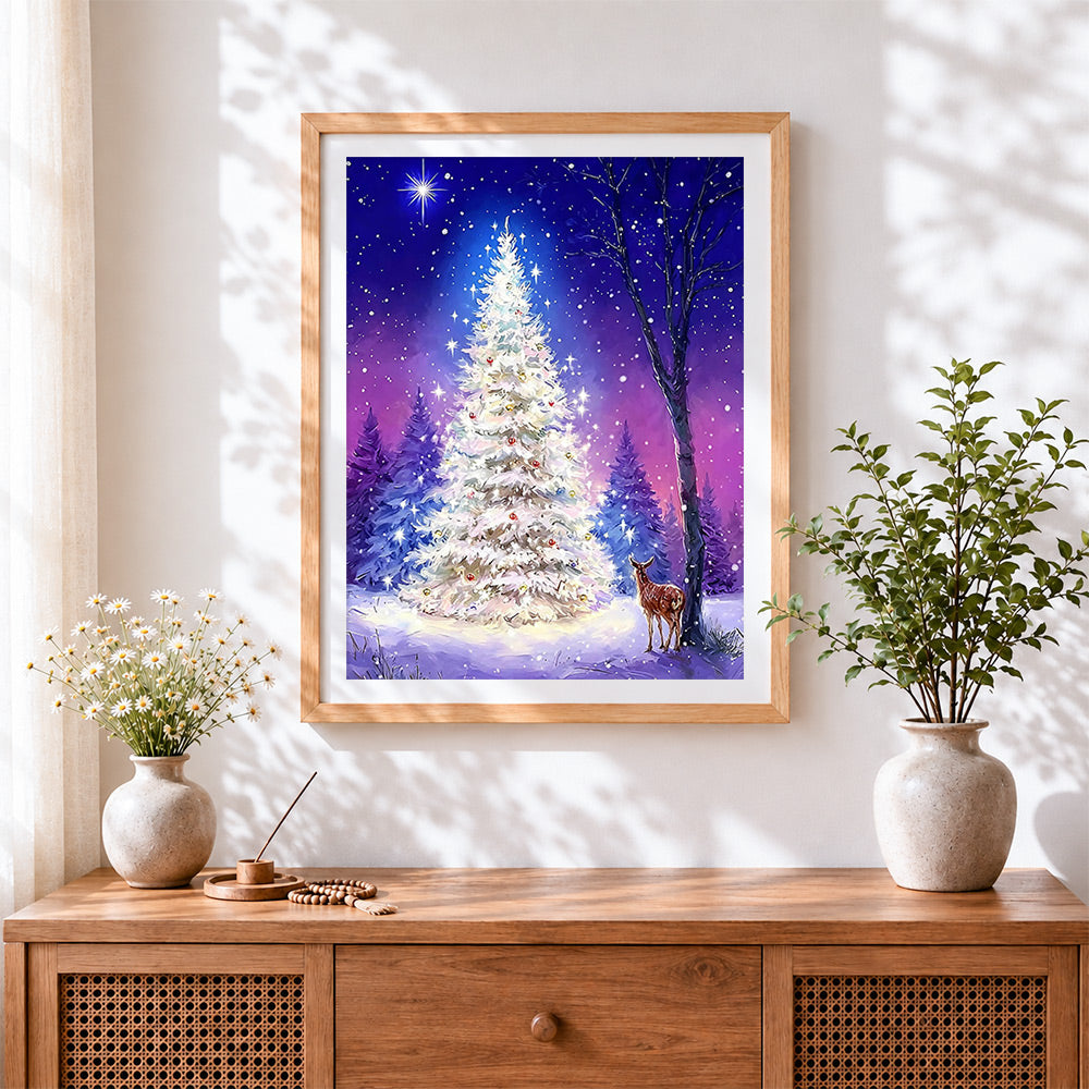Finished magical white christmas tree and reindeer cross stitch artwork displayed