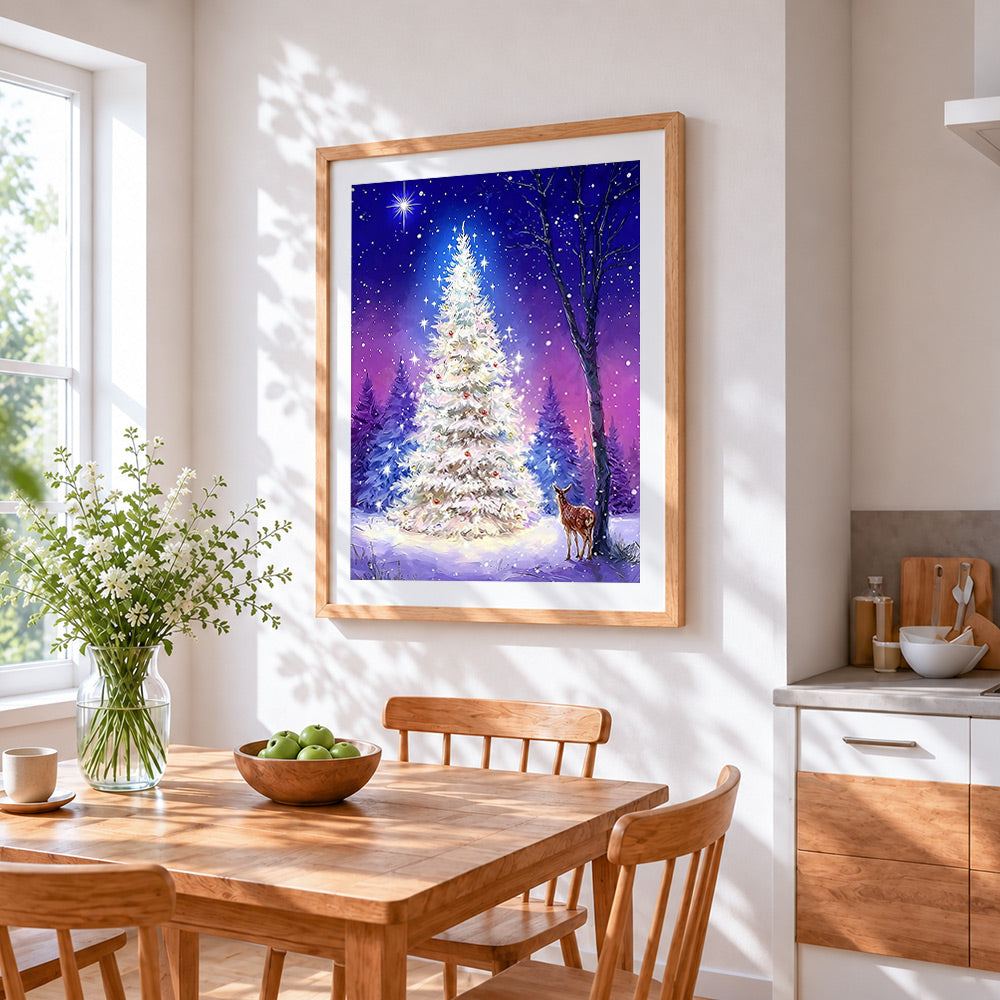 Magical white christmas tree and reindeer cross stitch artwork displayed on wall as home decor