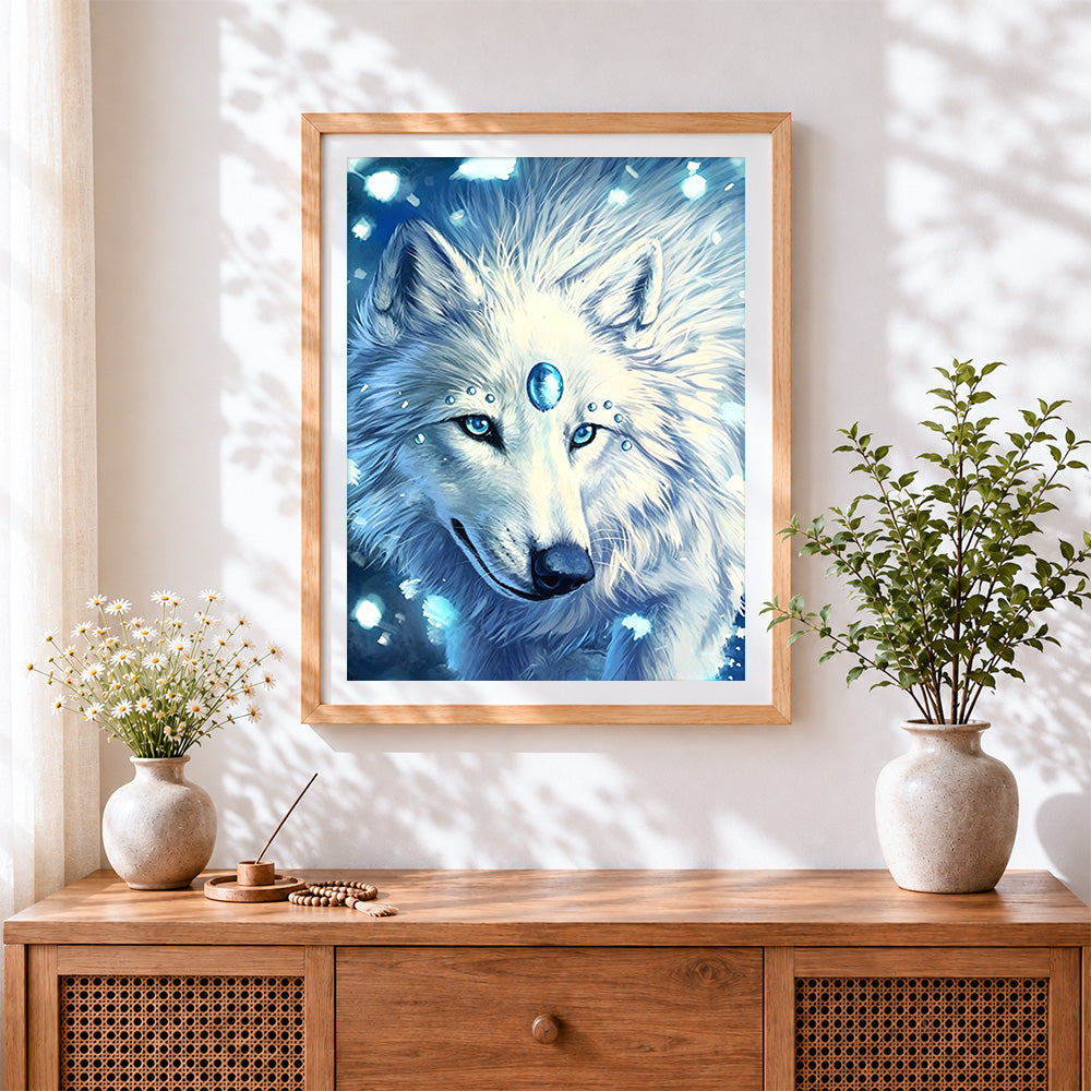 Finished magical white wolf with blue gems paint by numbers artwork displayed as home decor