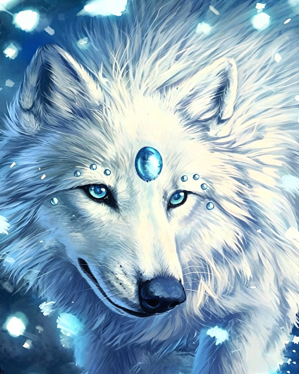 Magical white wolf with blue gems paint by numbers kit for beginners