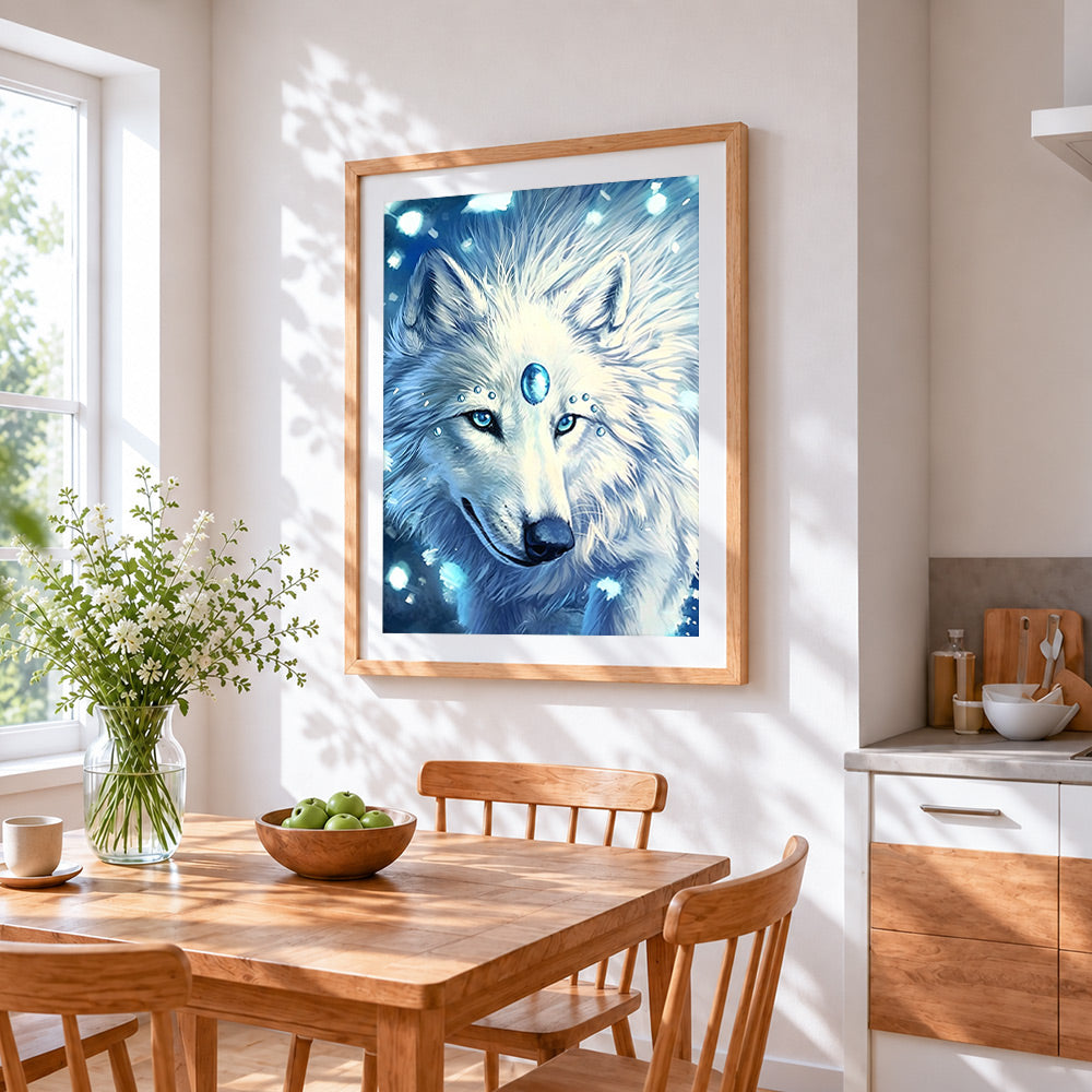 Magical white wolf with blue gems paint by numbers artwork displayed on wall as home decor