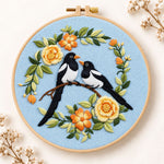 Magpie pair with yellow flowers embroidery kit
