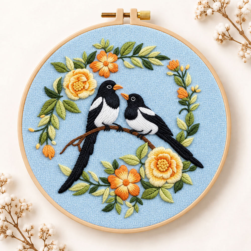Magpie pair with yellow flowers embroidery kit