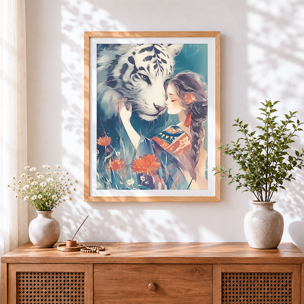 Finished maiden and white tiger fantasy illustration cross stitch artwork displayed