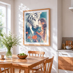 Maiden and white tiger fantasy illustration cross stitch artwork displayed on wall as home decor