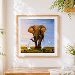 Finished majestic african elephant with egrets cross stitch artwork displayed