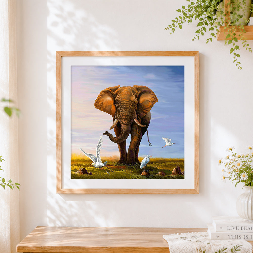 Finished majestic african elephant with egrets cross stitch artwork displayed