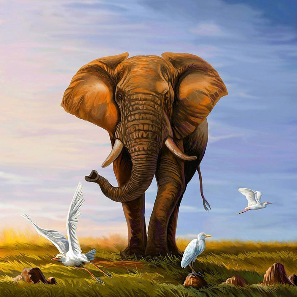 Majestic african elephant with egrets cross stitch kit for beginners