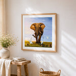 Majestic african elephant with egrets cross stitch artwork displayed on wall as home decor