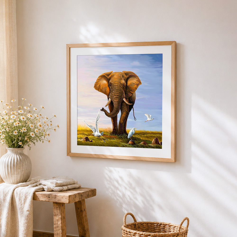 Majestic african elephant with egrets cross stitch artwork displayed on wall as home decor