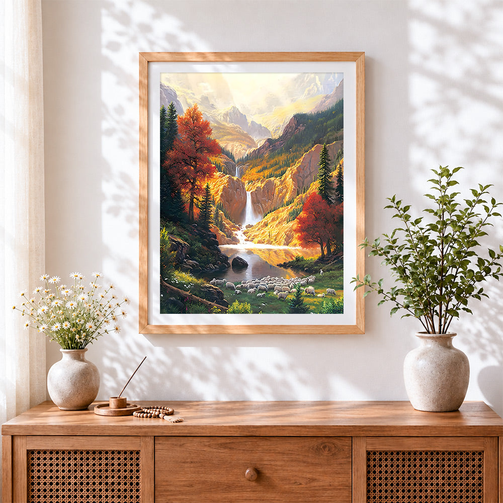 Finished majestic autumn mountain waterfall cross stitch artwork displayed