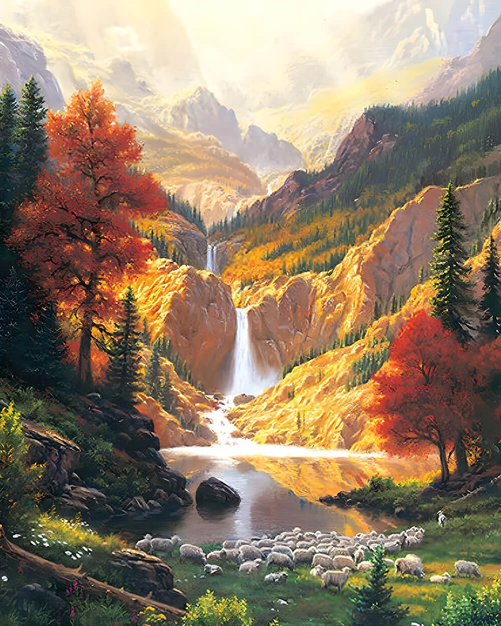 Majestic autumn mountain waterfall cross stitch kit for beginners