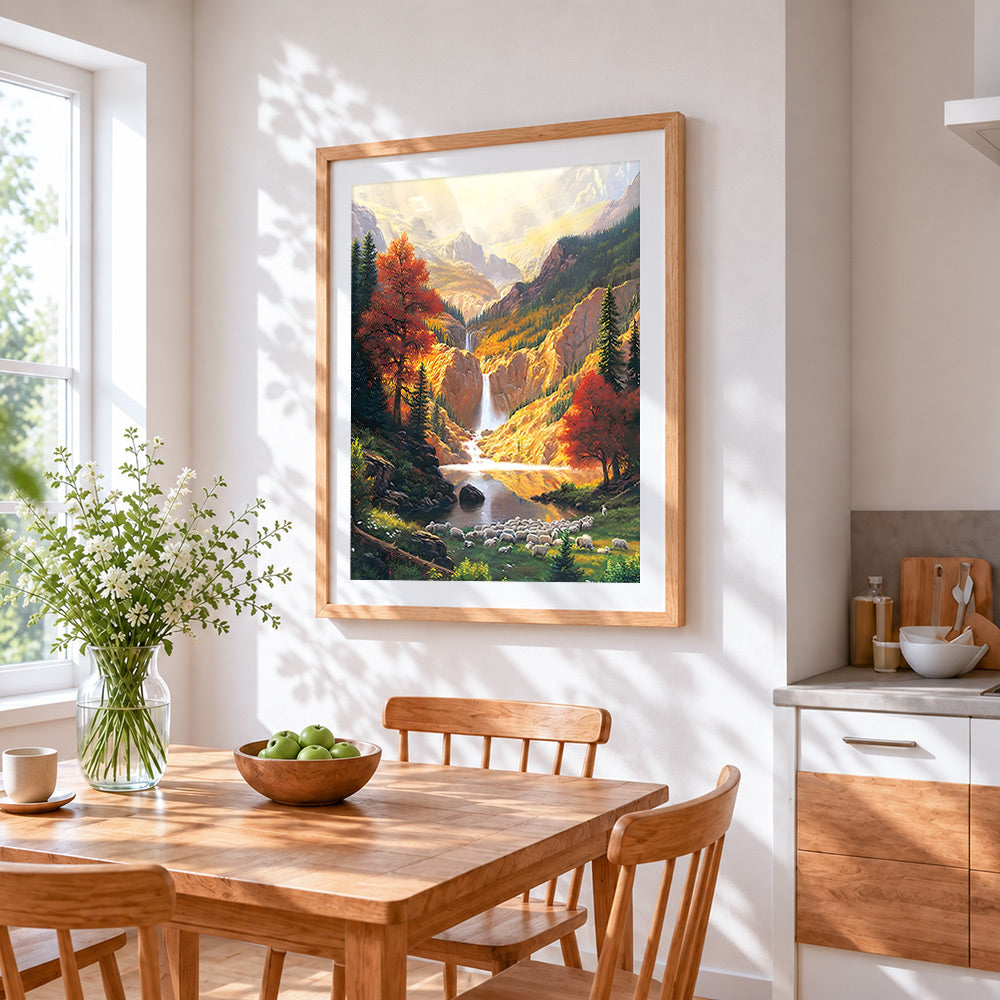 Majestic autumn mountain waterfall cross stitch artwork displayed on wall as home decor