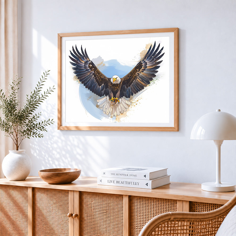 Majestic bald eagle with wings spread cross stitch artwork displayed on wall as home decor