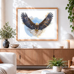 Finished majestic bald eagle with wings spread paint by numbers artwork displayed as home decor