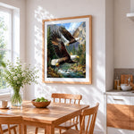 Majestic bald eagles in flight cross stitch artwork displayed on wall as home decor