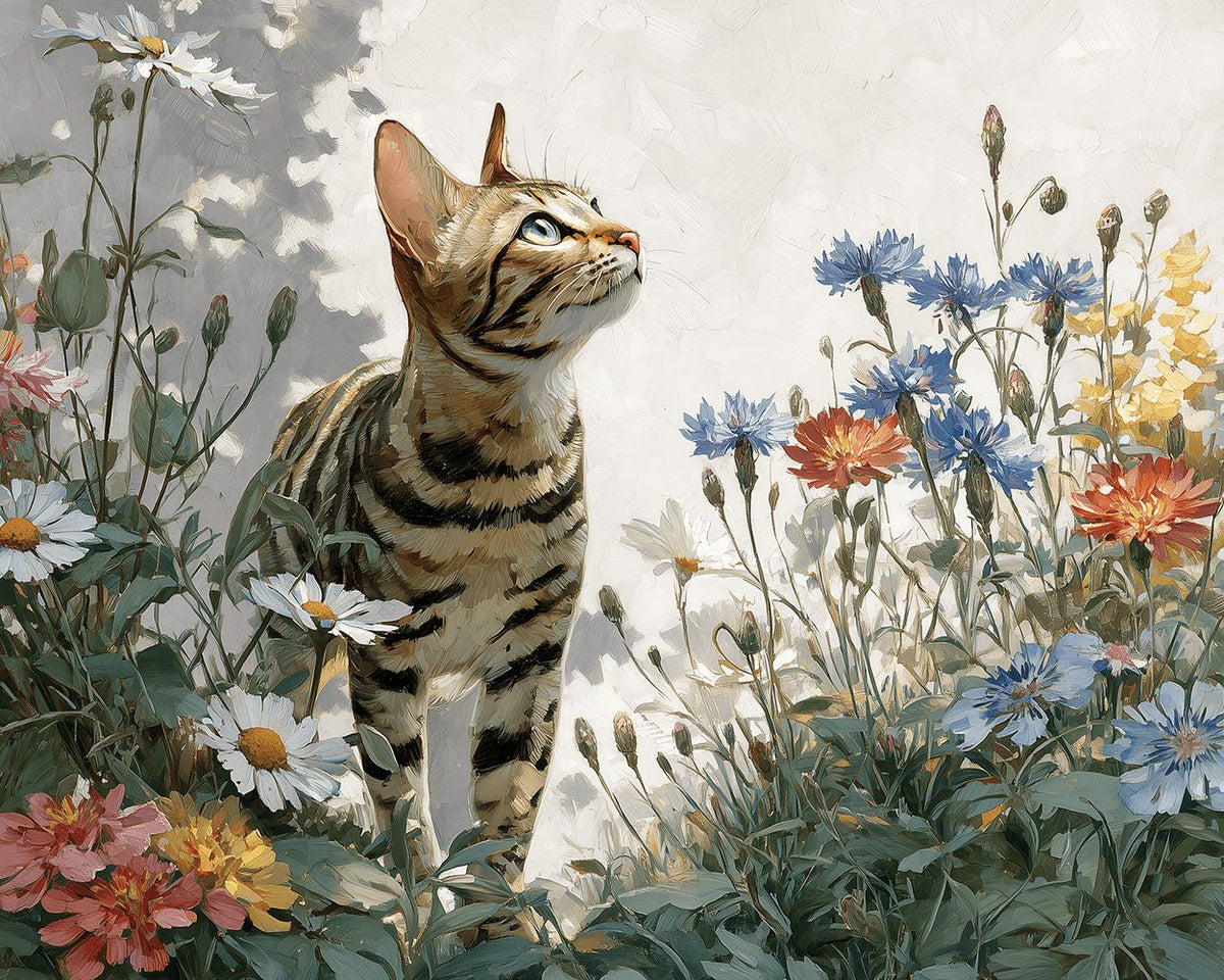 Majestic bengal cat in a wildflower garden cross stitch kit for beginners