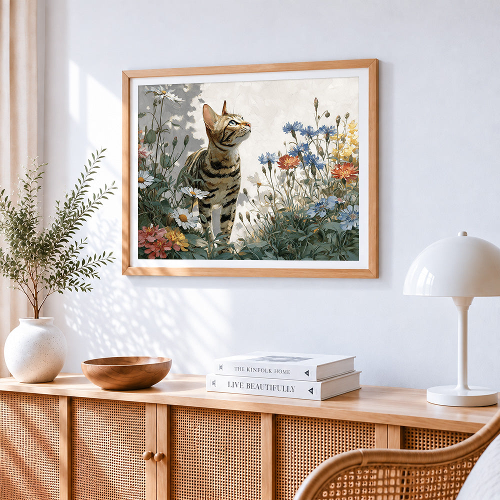 Majestic bengal cat in a wildflower garden cross stitch artwork displayed on wall as home decor