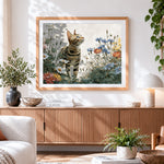 Finished majestic bengal cat in a wildflower garden paint by numbers artwork displayed as home decor