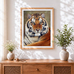 Finished majestic bengal tiger portrait cross stitch artwork displayed