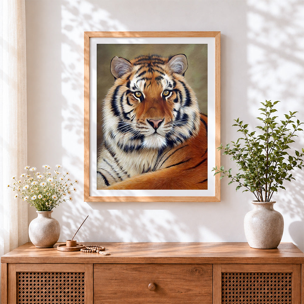 Finished majestic bengal tiger portrait paint by numbers artwork displayed as home decor