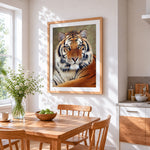 Majestic bengal tiger portrait paint by numbers artwork displayed on wall as home decor