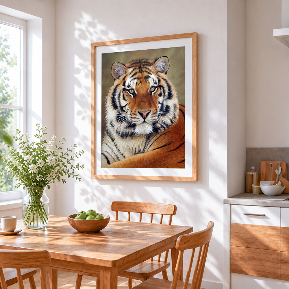 Majestic bengal tiger portrait paint by numbers artwork displayed on wall as home decor