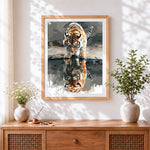 Finished majestic bengal tiger reflection cross stitch artwork displayed