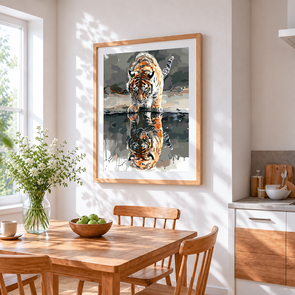 Majestic bengal tiger reflection cross stitch artwork displayed on wall as home decor