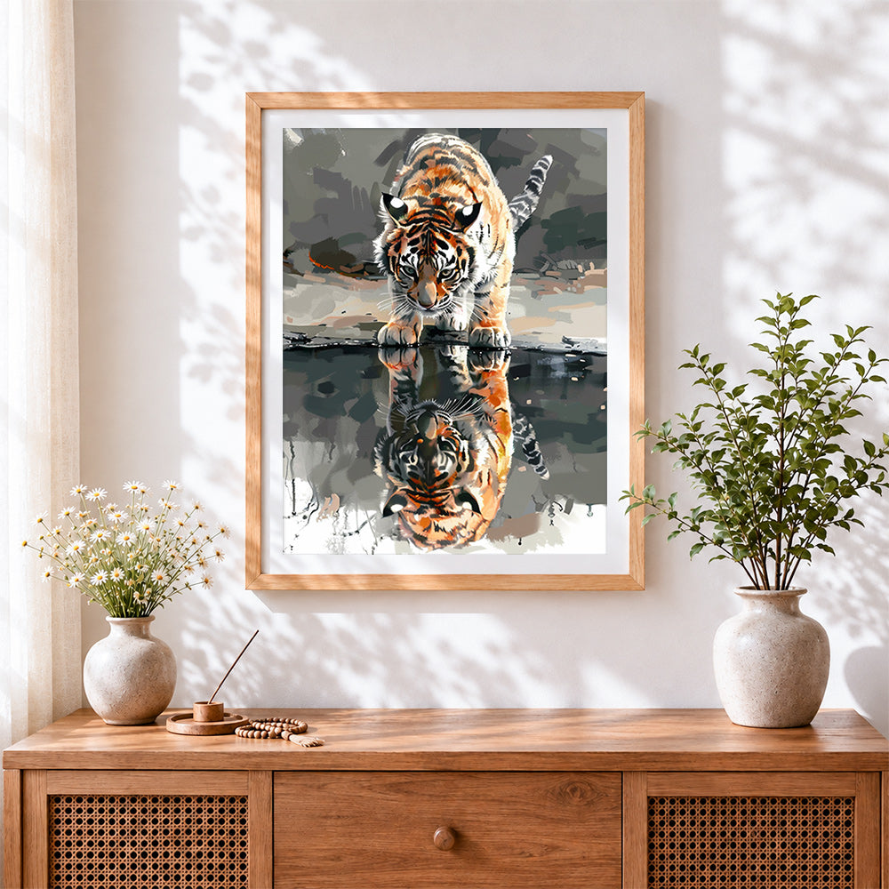 Finished majestic bengal tiger reflection paint by numbers artwork displayed as home decor