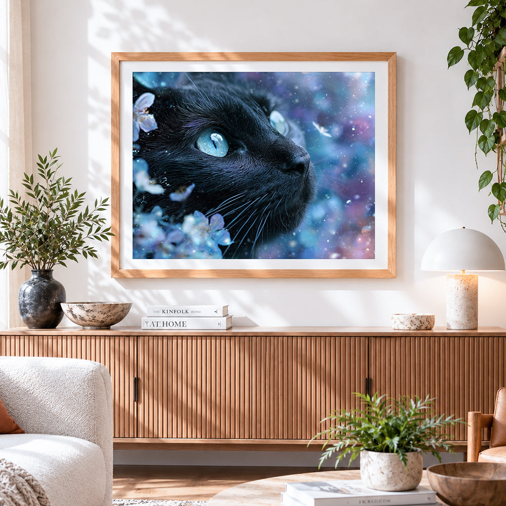 Finished majestic black cat with blue eyes cross stitch artwork displayed