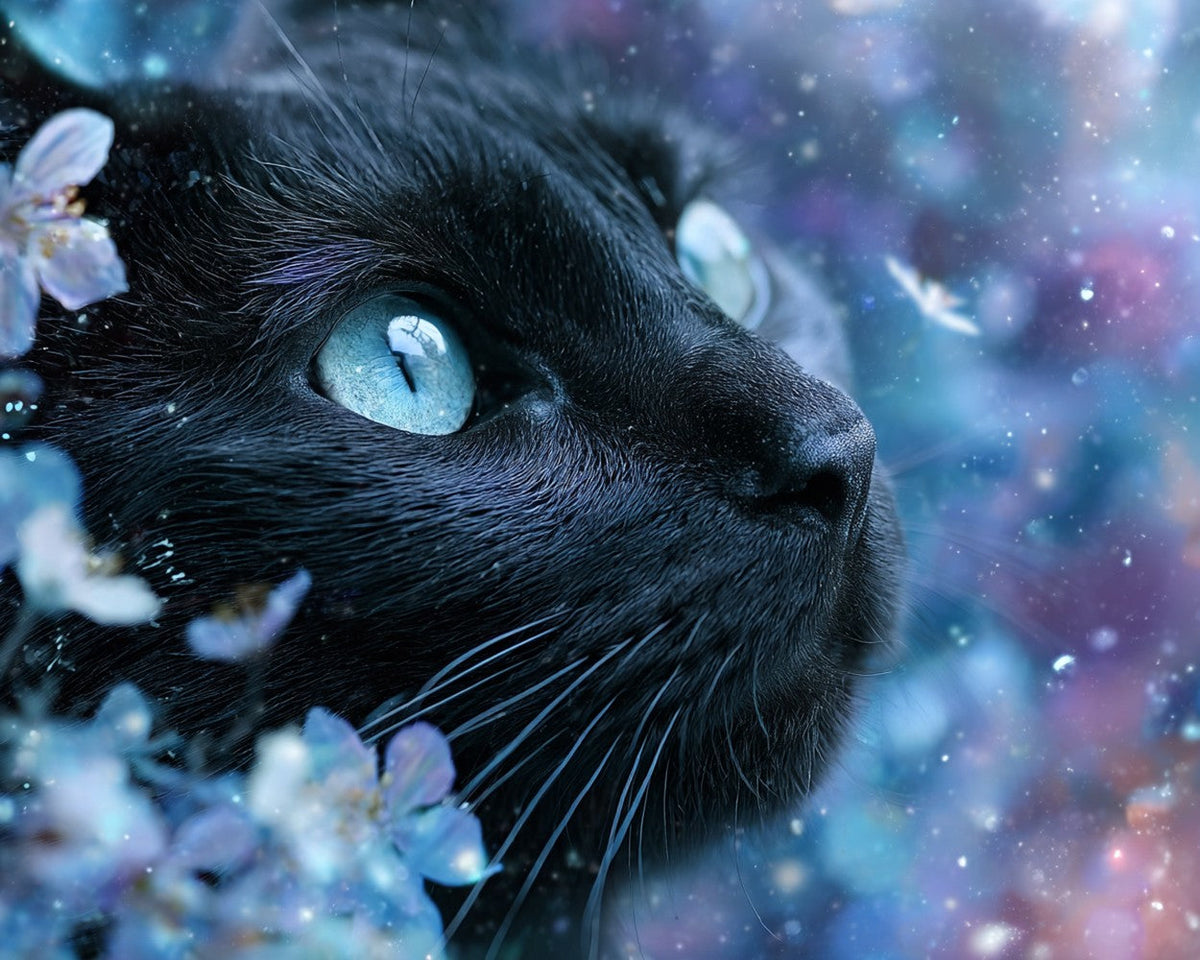 Majestic black cat with blue eyes cross stitch kit for beginners