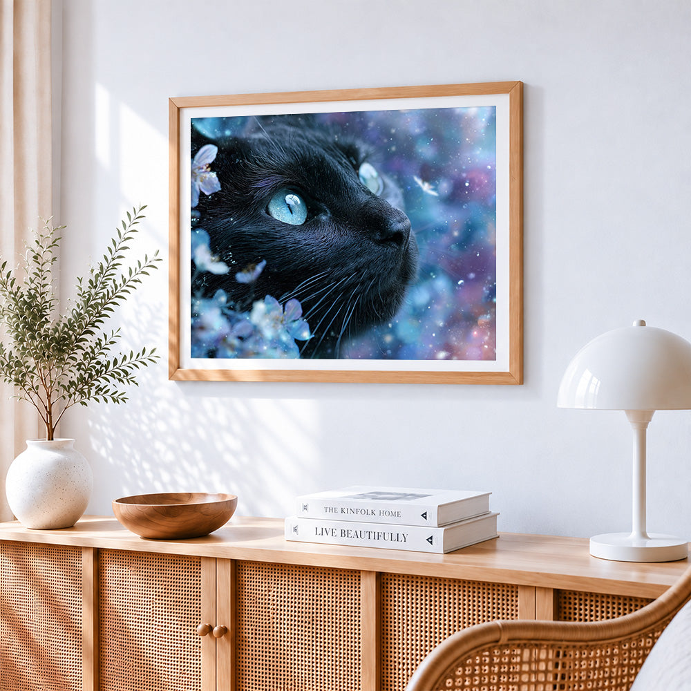 Majestic black cat with blue eyes paint by numbers artwork displayed on wall as home decor
